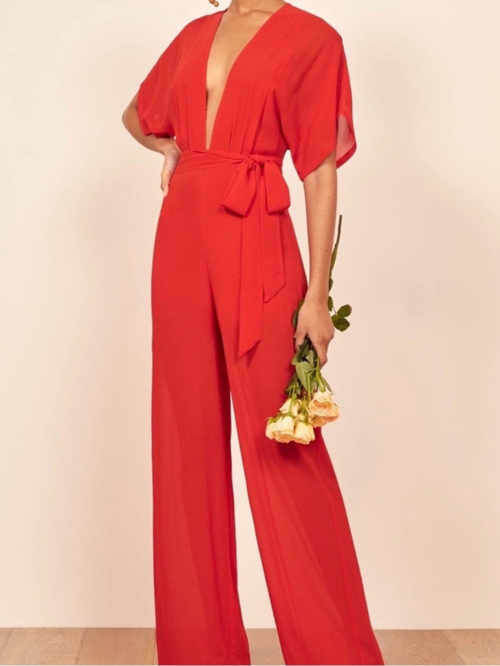 Reformation Red Deep V Waist-Tie Jumpsuit